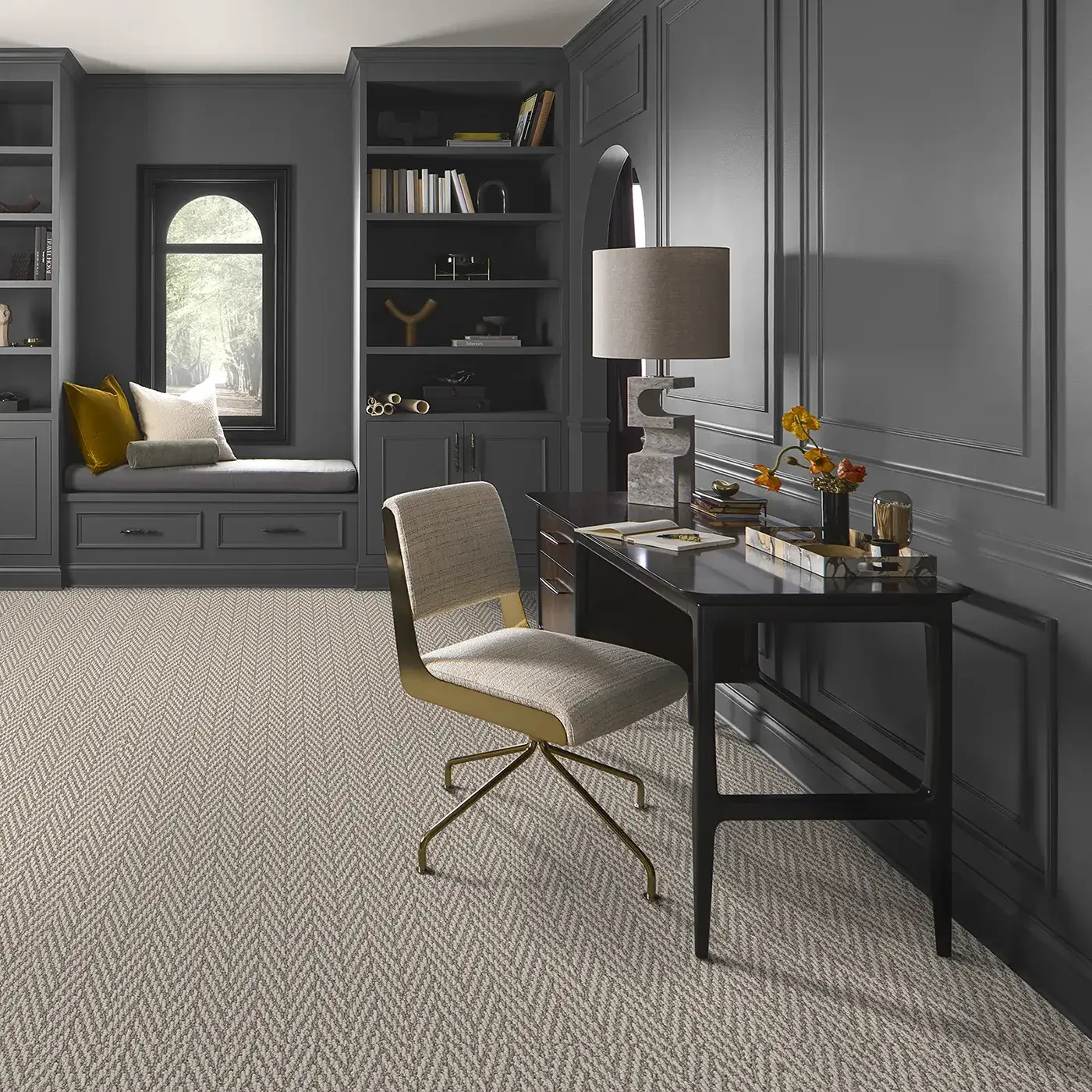 Always-Yours-ZB289-00753-Fossil-Room Shaw Floors tan patterned carpet in a residential office | All Floors Design Centre