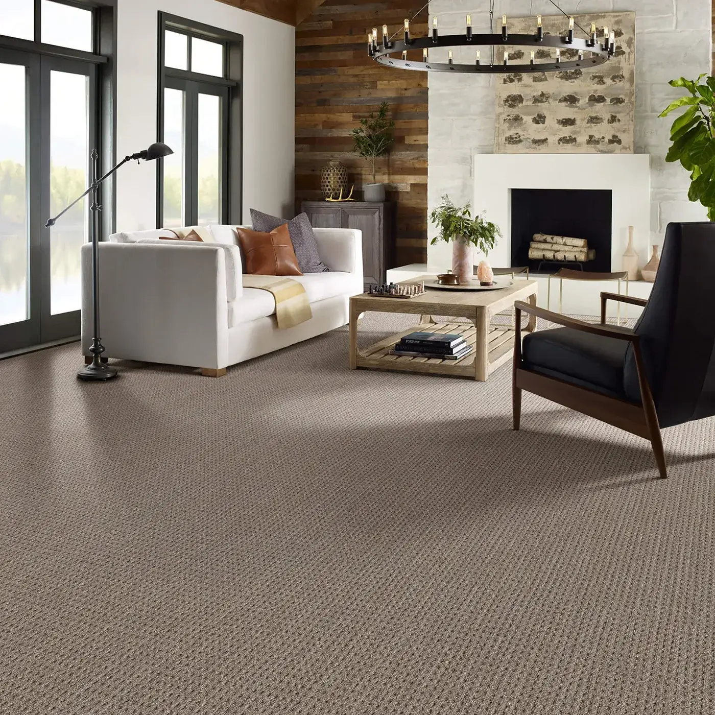 HDF42_99500_ROOM Brown Textured Shaw Floors carpet in rustic living room | All Floors Design Centre