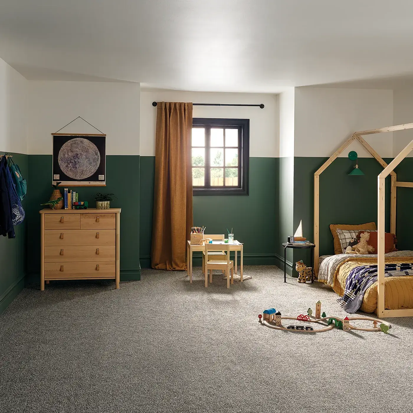 MJ007_TweedComfortBlue_00178_Bedroom_H Gray Shaw Floors carpet in a warm colored kids bedroom | All Floors Design Centre