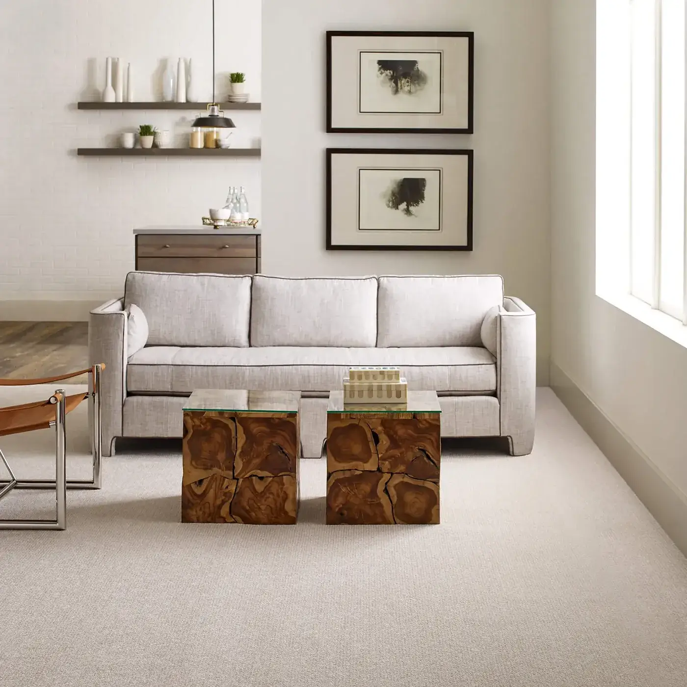 OUTSIDE-THE-LINES-E9645-SNOW-FALL-00101H Light gray Shaw Floors carpet in a lightly colored living room | All Floors Design Centre